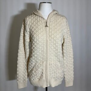 Aran Mor Ireland Merino Wool Cable Knit Zip Hooded Sweater Womens Medium Cream